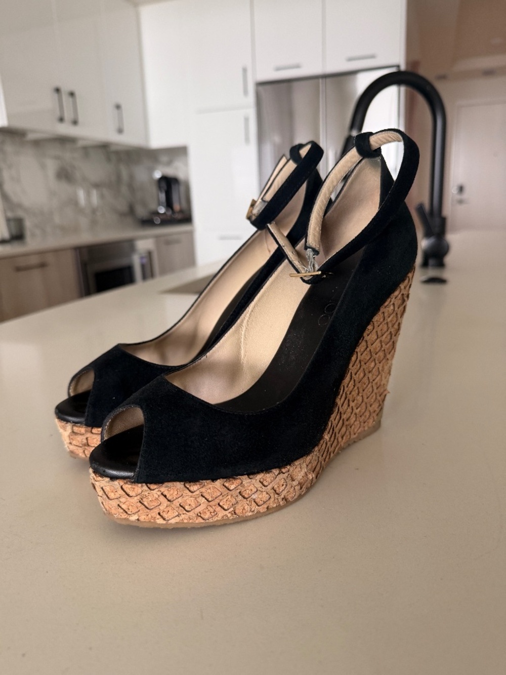 Jimmy Choo Black Suede Peep Toe Cork Wedges Size 38